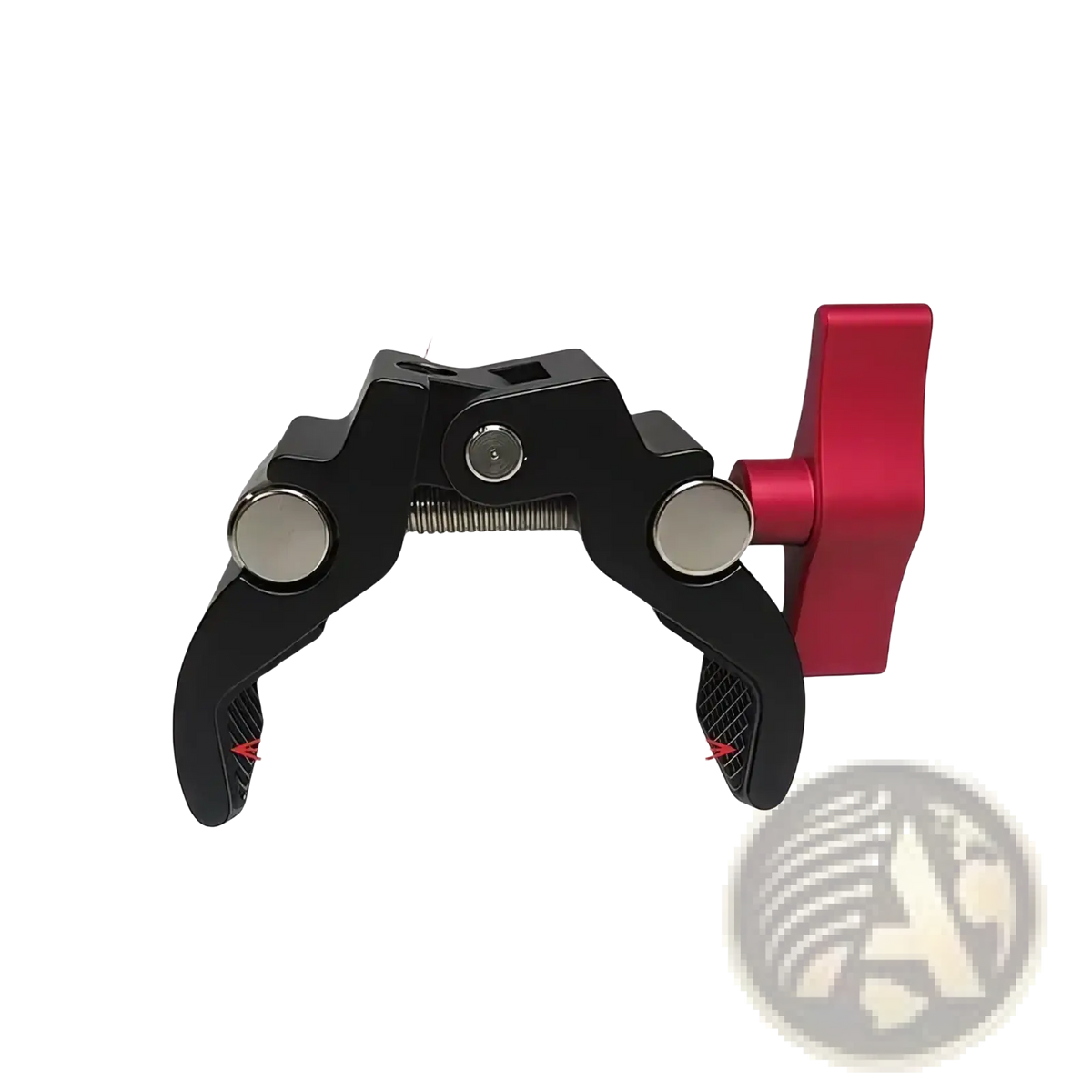 Black and red adjustable camera super clamp with 1/4-inch threaded mount for securing camera equipment