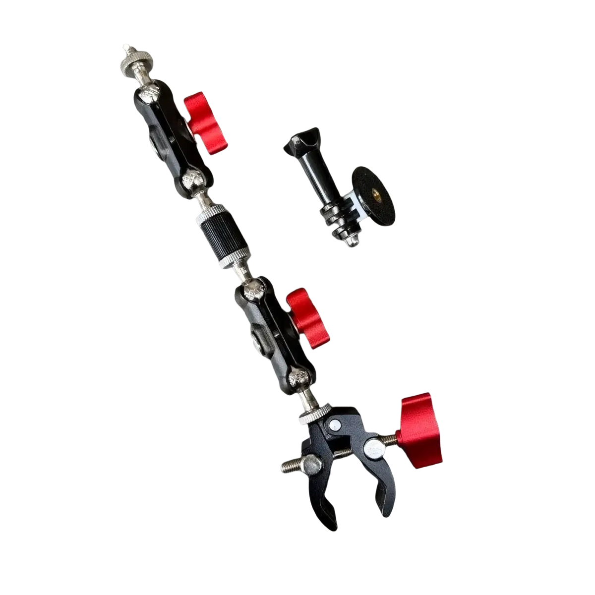 Black and red adjustable camera super clamp with magic arm set featuring aluminum alloy crab claw clamps