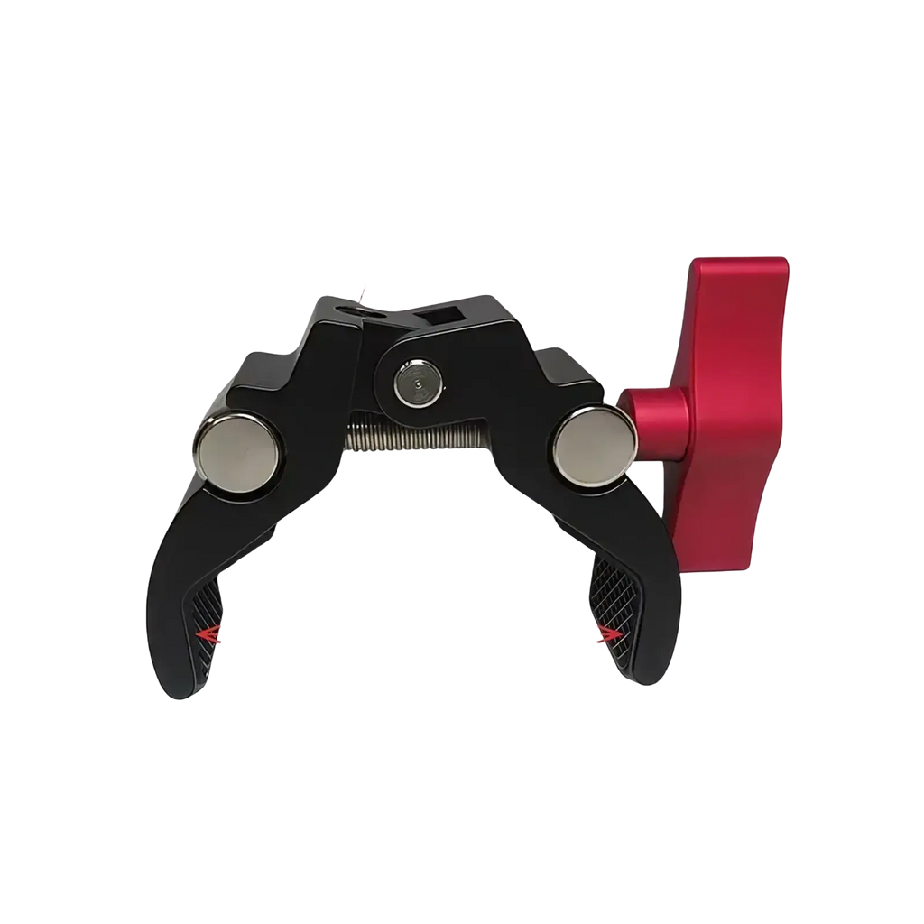 Black and red adjustable camera super clamp with 1/4-inch threaded mount for securing camera equipment