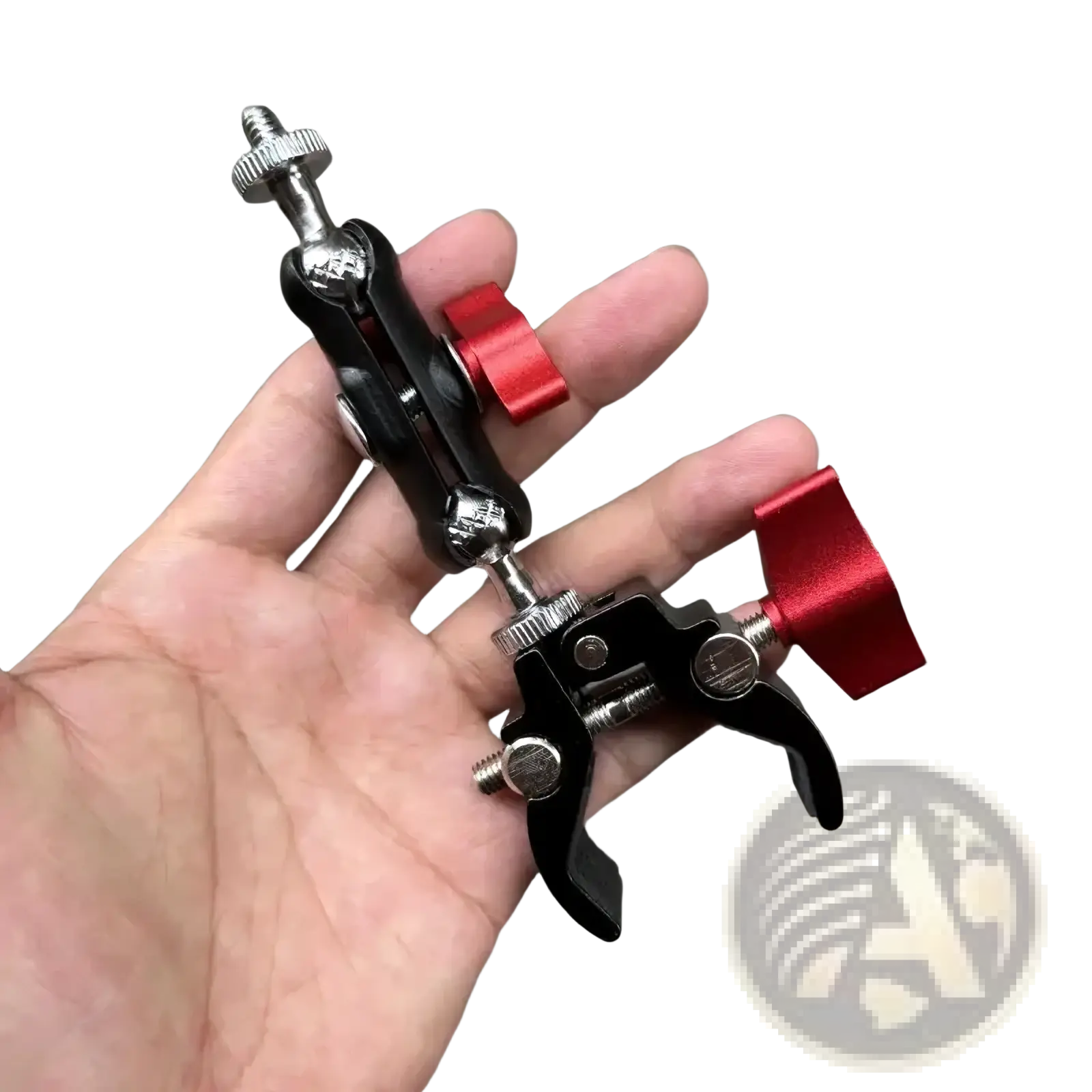 Camera super clamp with magic arm set featuring black and red adjustable clamp with metallic joints and knurled knobs for secure mounting
