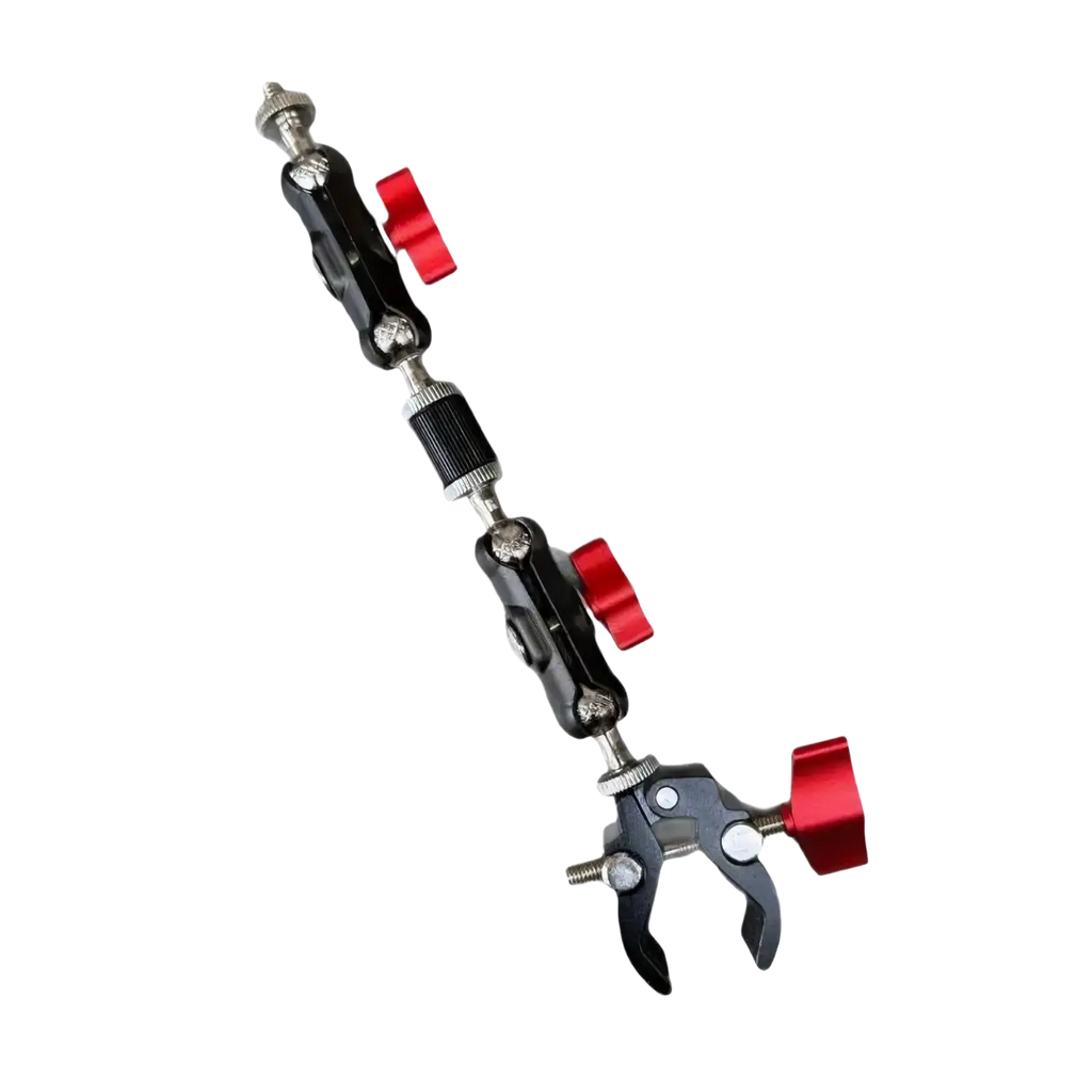 Black and red adjustable camera super clamp with magic arm set featuring articulated joints and clamp ends for versatile mounting
