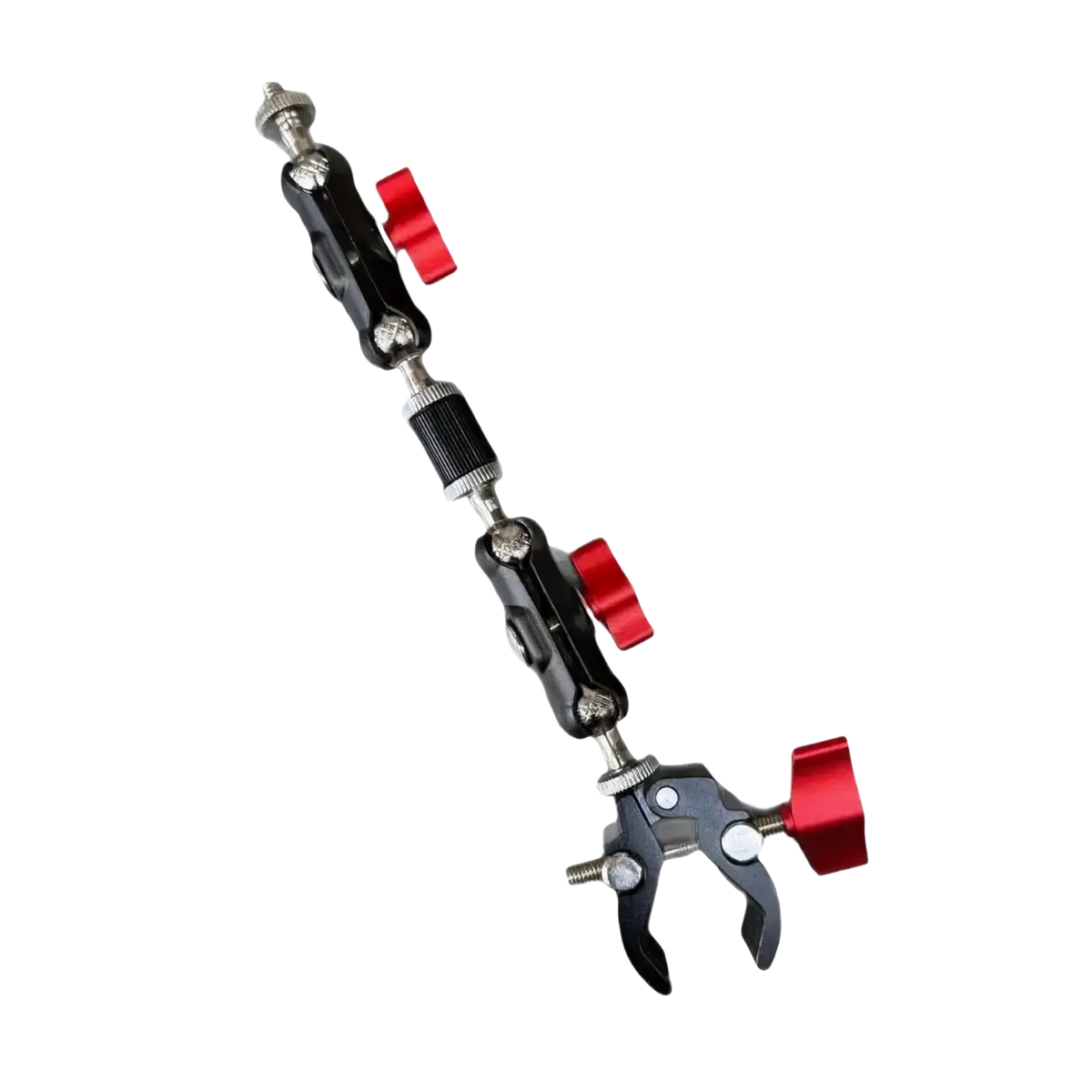 Black and red adjustable camera super clamp with magic arm set featuring articulated joints and clamp ends for versatile mounting