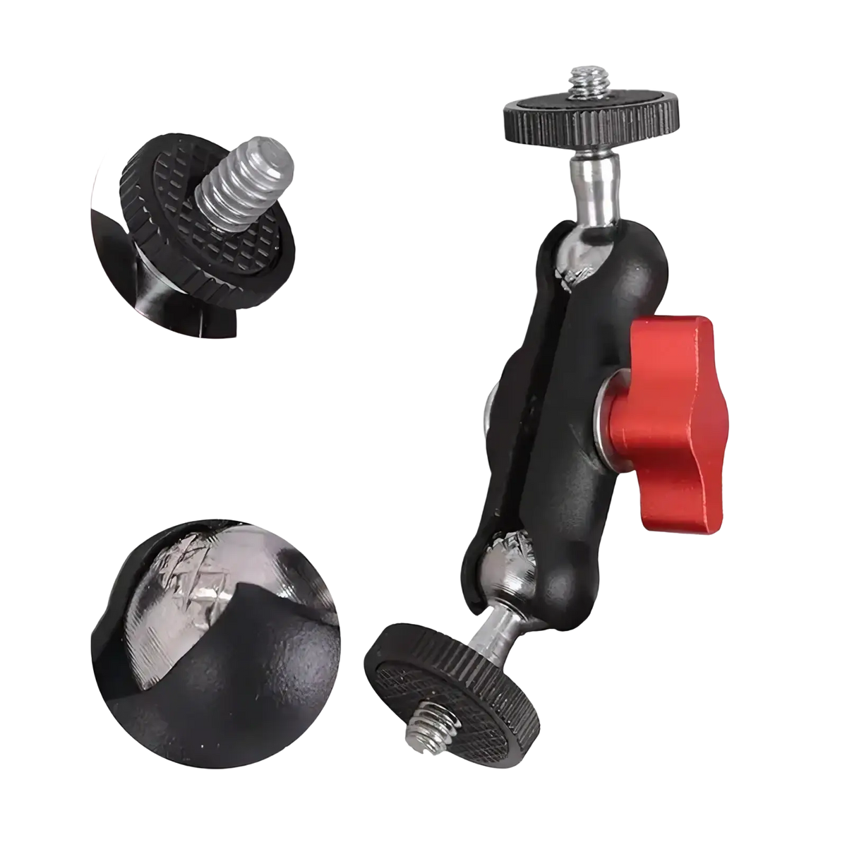 Black and red adjustable camera super clamp with magic arm set featuring textured grip knobs and metallic screw fittings