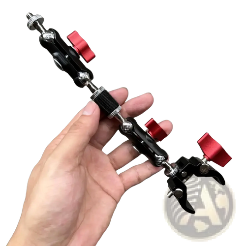 Black and red adjustable camera super clamp with magic arm set featuring metallic joints and durable clamps