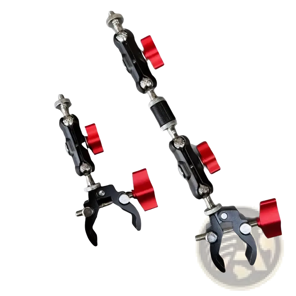 Black and red adjustable camera super clamp with metallic joints and magic arm set for versatile mounting