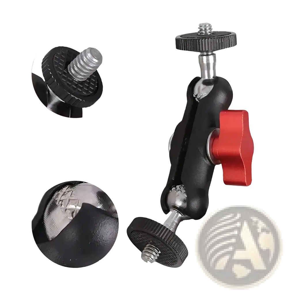 Black and red adjustable camera super clamp with magic arm set featuring textured grip knobs and metallic screw fittings