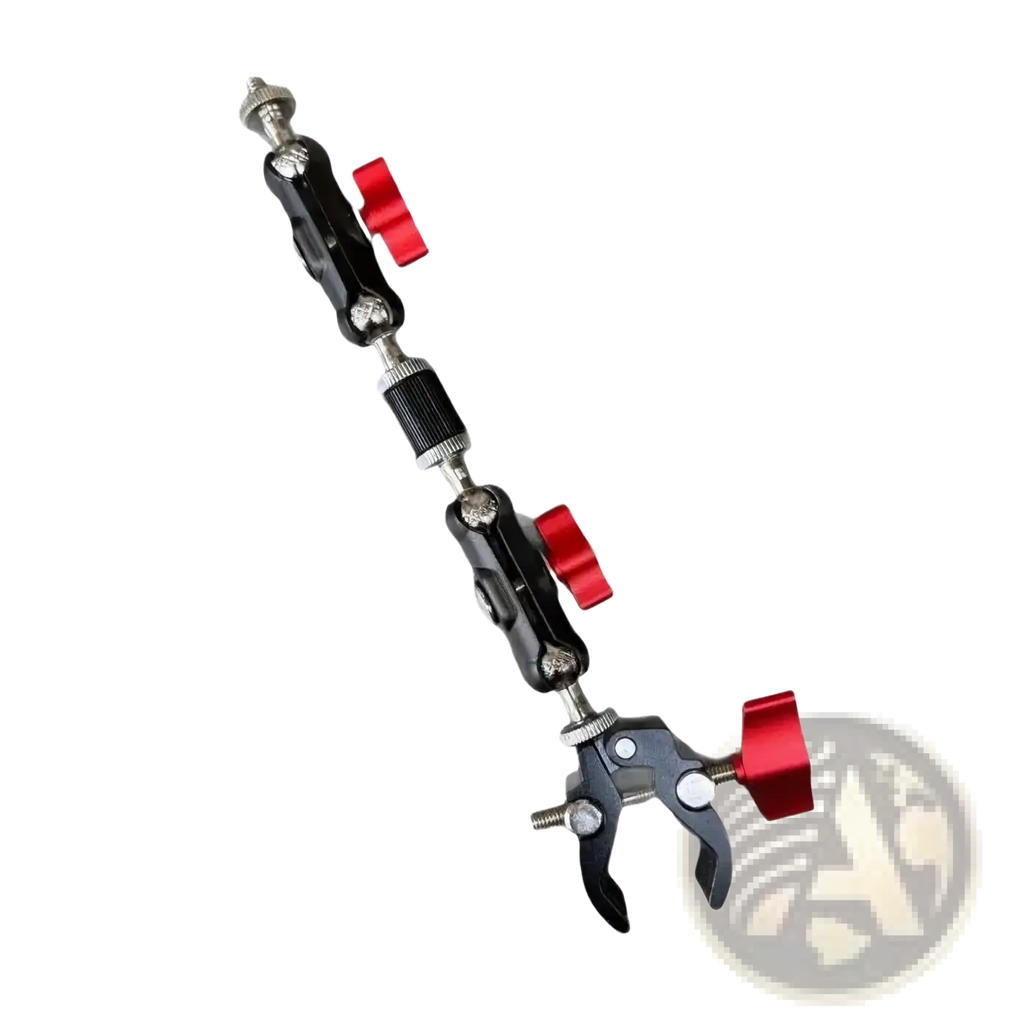 Black and red adjustable camera super clamp with magic arm set featuring articulated joints and clamp ends for versatile mounting