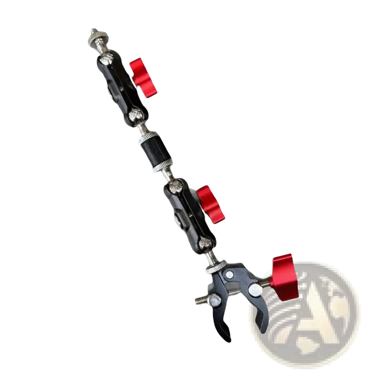 Black and red adjustable camera super clamp with magic arm set featuring articulated joints and clamp ends for versatile mounting