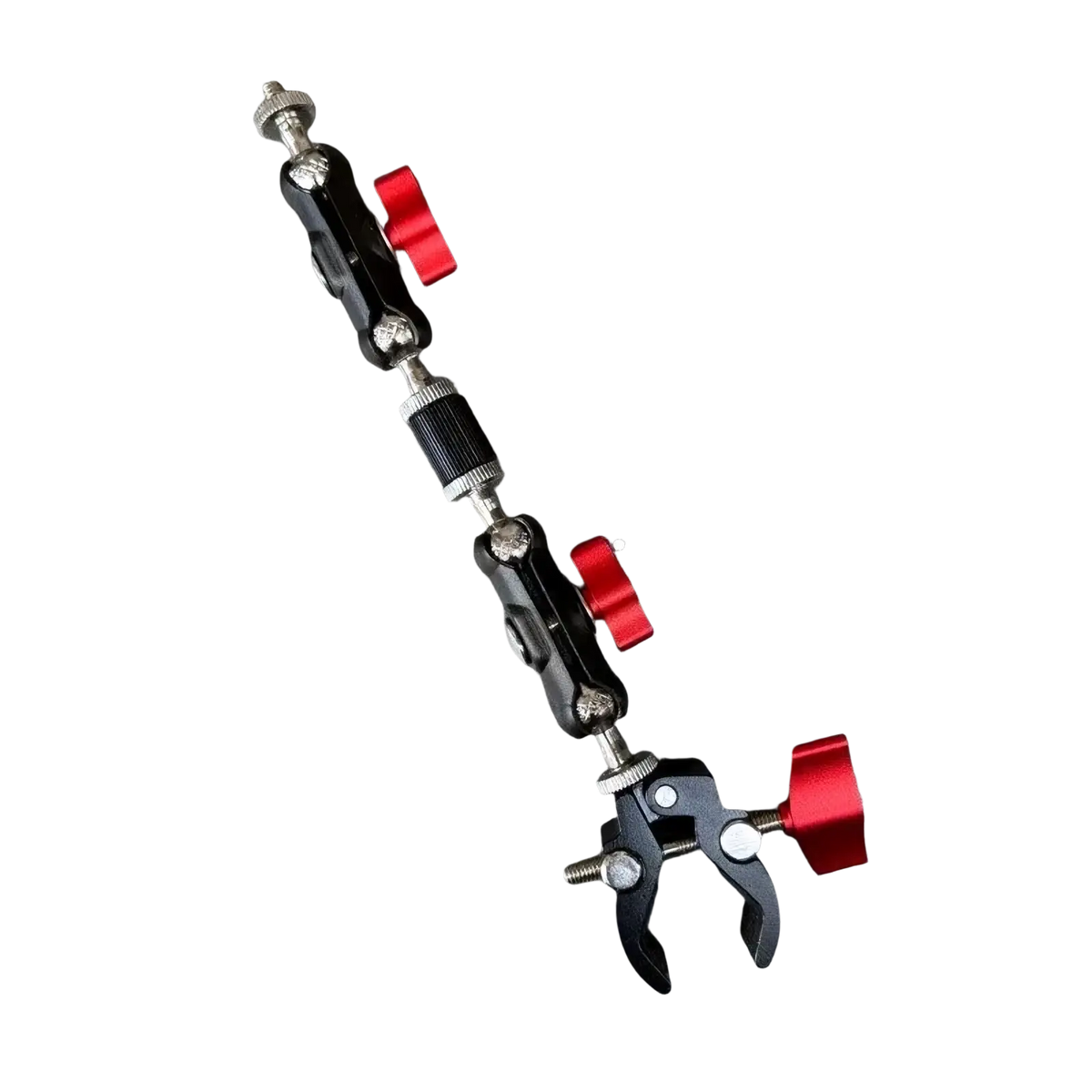 Black and red aluminum alloy camera super clamp with adjustable joints and crab claw clamps for securing equipment
