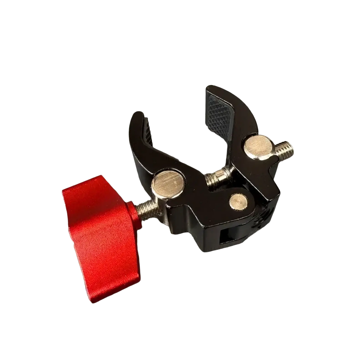 Black and red aluminum alloy camera super clamp with textured grip designed for clamping 13-48mm objects