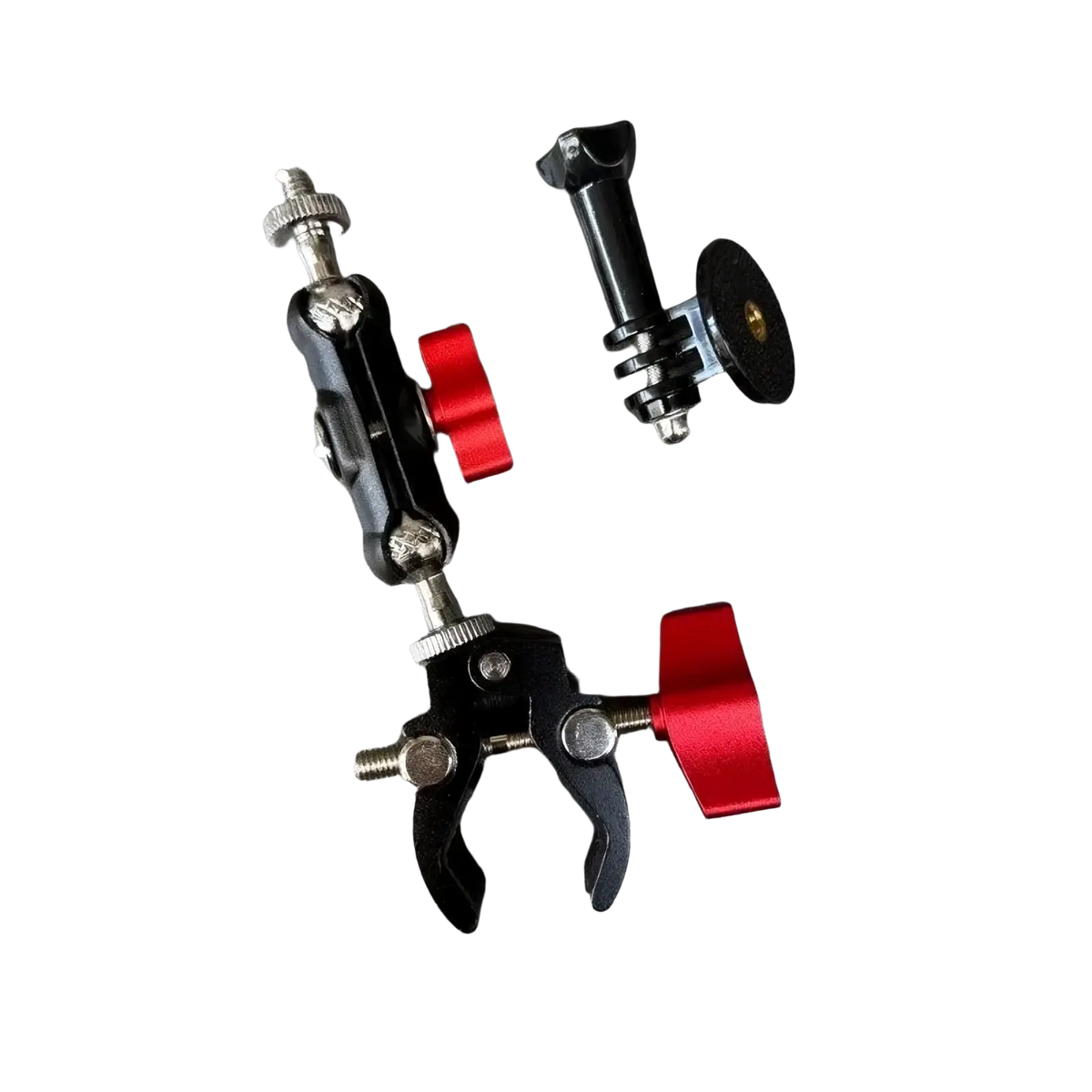 Black and red aluminum alloy camera super clamp with crab claw design and 1/4 inch screw mount for gopro cameras