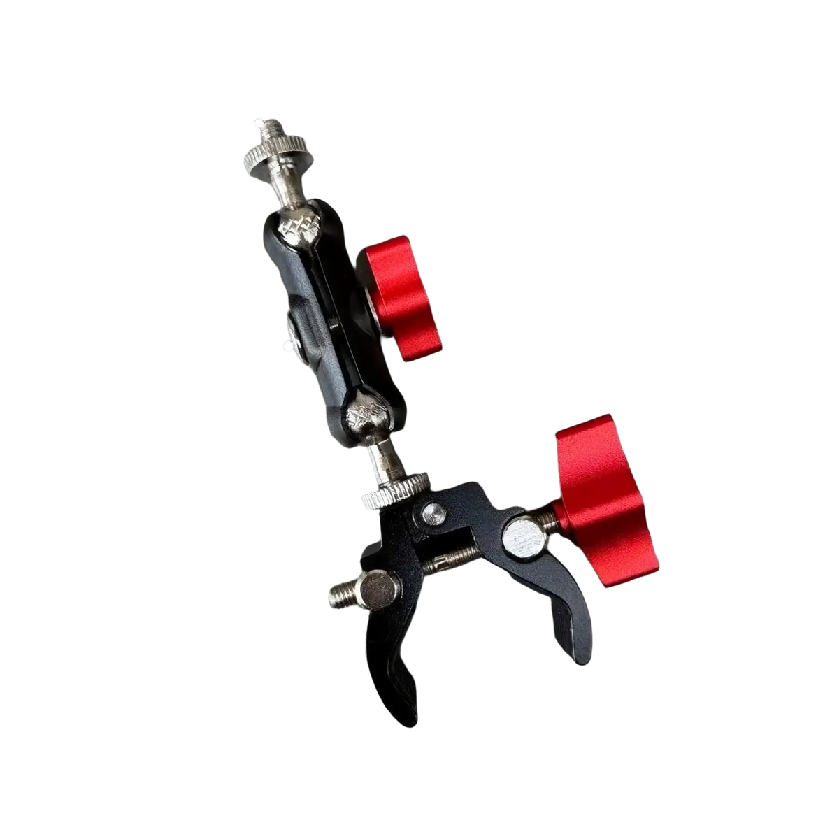 Camera super clamp with magic arm set featuring black and red aluminum alloy crab claw clamp with 13-48mm adjustable range