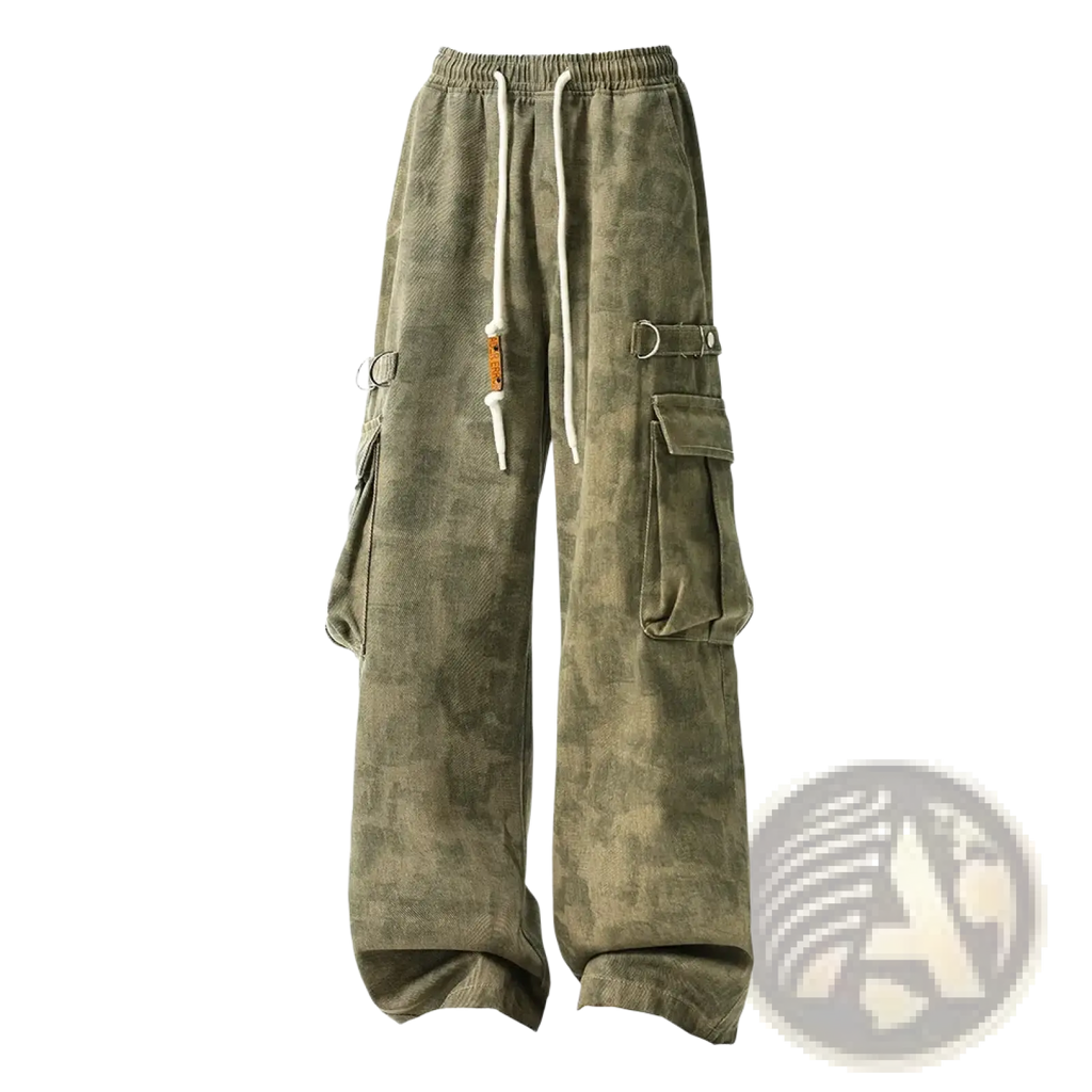 Olive green corduroy camo cargo pants tactical joggers for men with white drawstrings and metal hardware accents