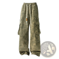 Olive green corduroy camo cargo pants tactical joggers for men with white drawstrings and metal hardware accents