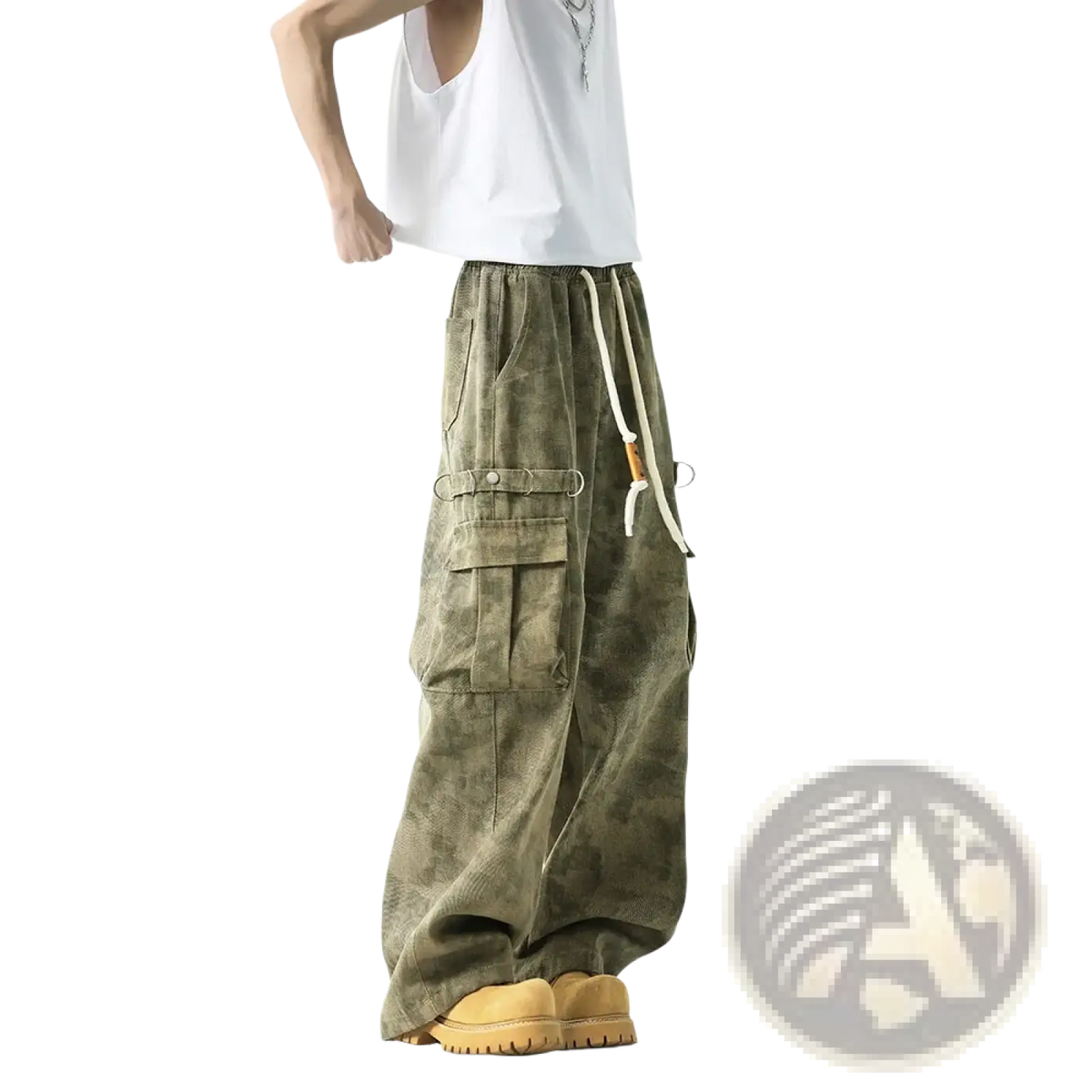 Olive green camouflage cargo pants tactical joggers for men with drawstring waist and multiple pockets