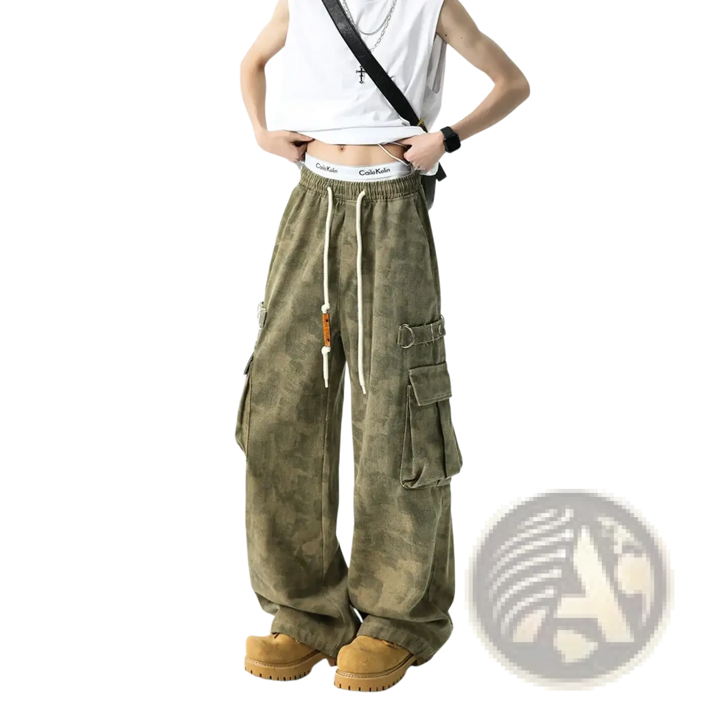 Olive green camouflage cargo pants tactical joggers for men with drawstring waistband and multiple pockets