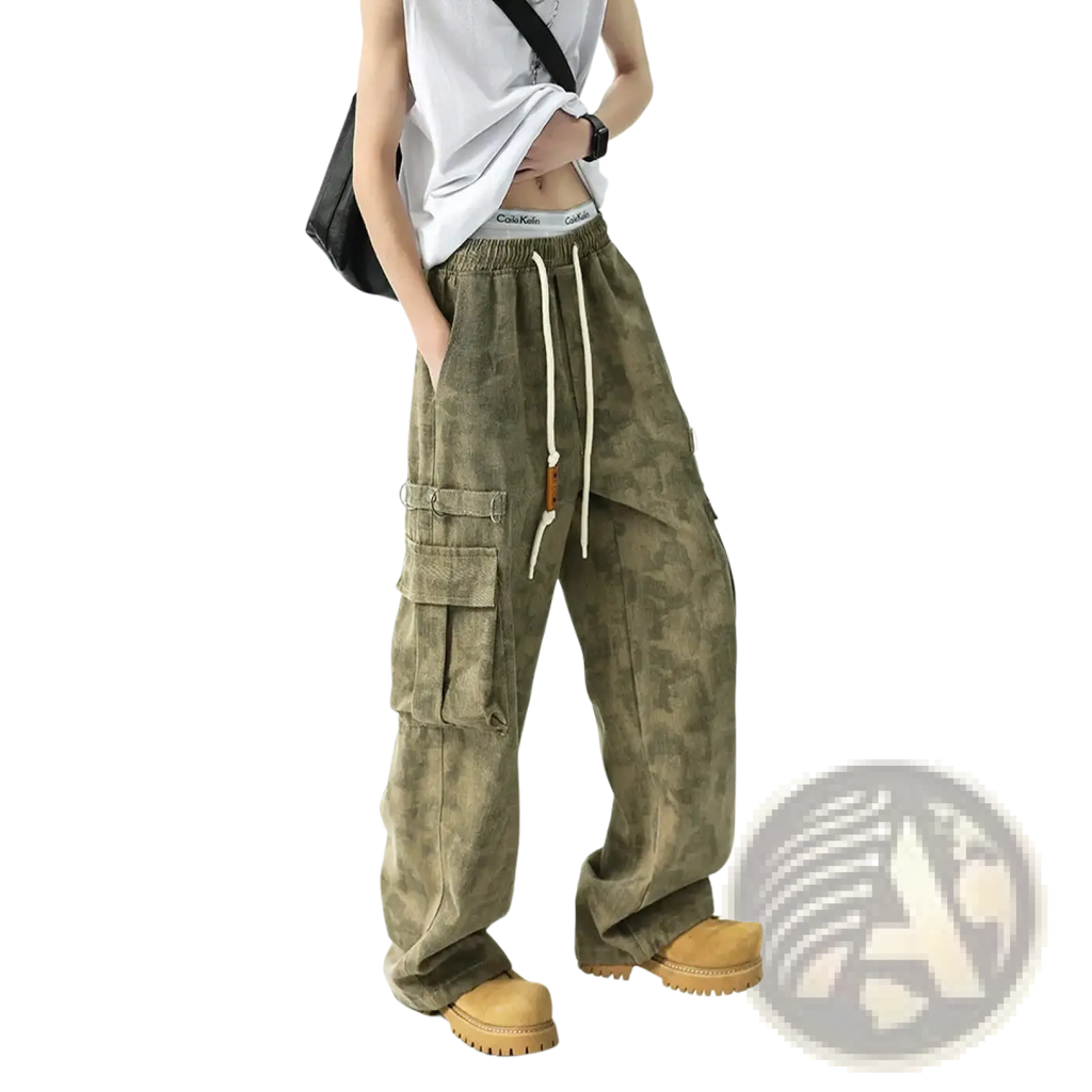 Olive green camouflage cargo pants tactical joggers for men with multiple pockets and drawstring waistband