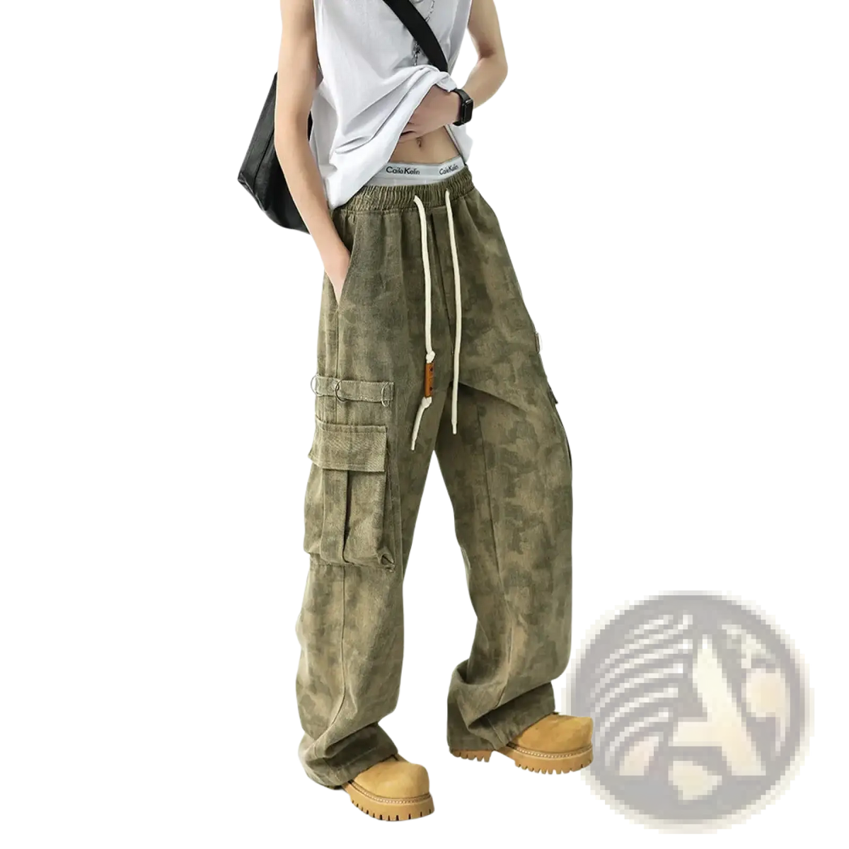 Olive green camouflage cargo pants tactical joggers for men with multiple pockets and drawstring waistband