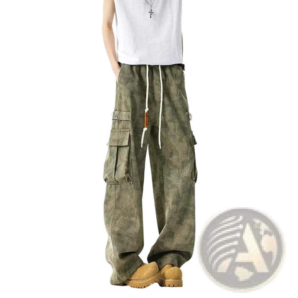 Olive green camouflage cargo pants tactical joggers for men with multiple pockets and white drawstrings