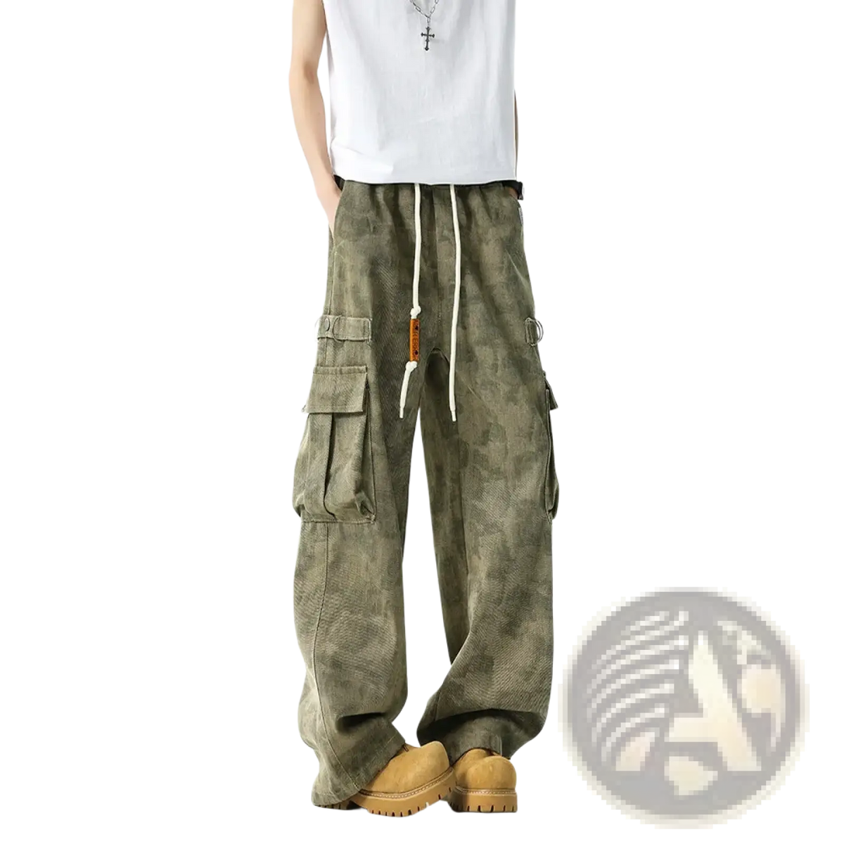 Olive green camouflage cargo pants tactical joggers for men with multiple pockets and white drawstrings