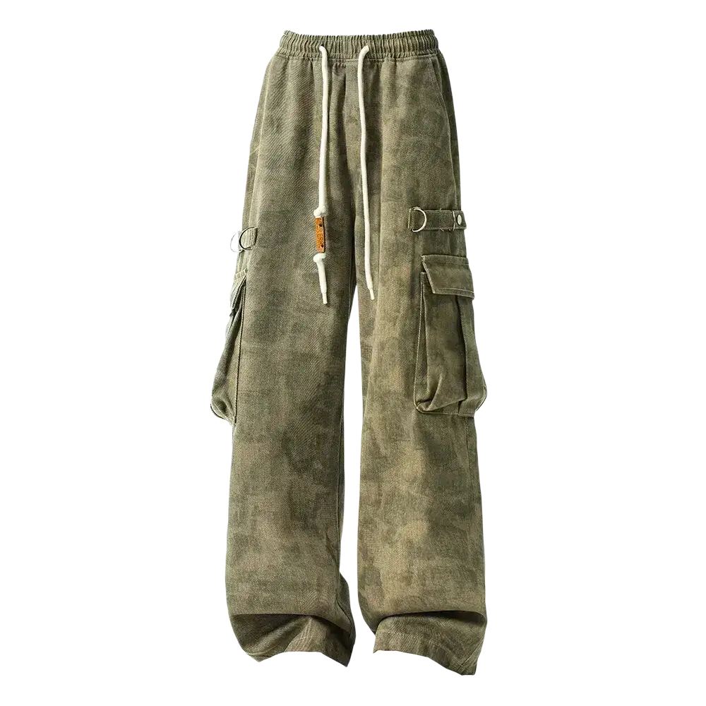 Olive green corduroy cargo pants tactical joggers for men with white drawstrings and metal buckles
