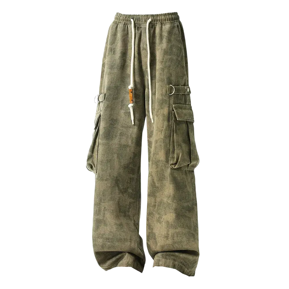 Olive green corduroy camo cargo pants tactical joggers for men with white drawstrings and metal hardware accents