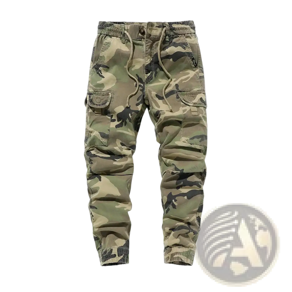 Camouflage cargo joggers men cotton loose fit pants with olive green and black pattern in cargo style