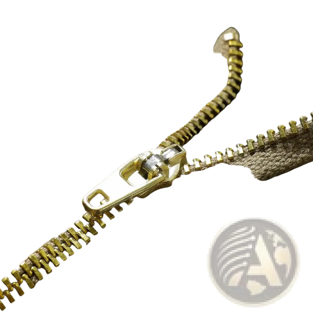 Gold-toned zipper with metallic pull tab on olive green camouflage cotton fabric of men loose fit cargo joggers