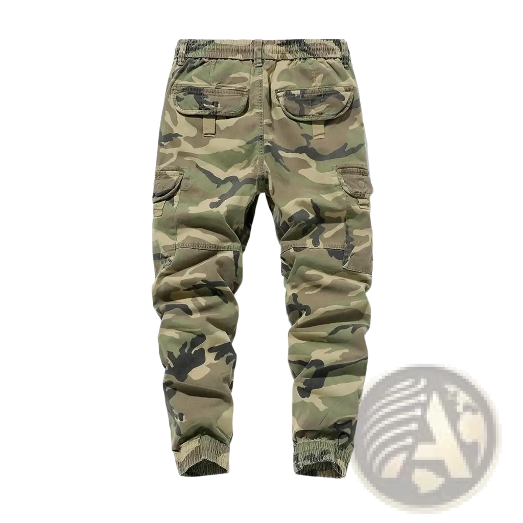 Camouflage cotton cargo joggers for men with multiple pockets elastic cuffs and a loose fit design