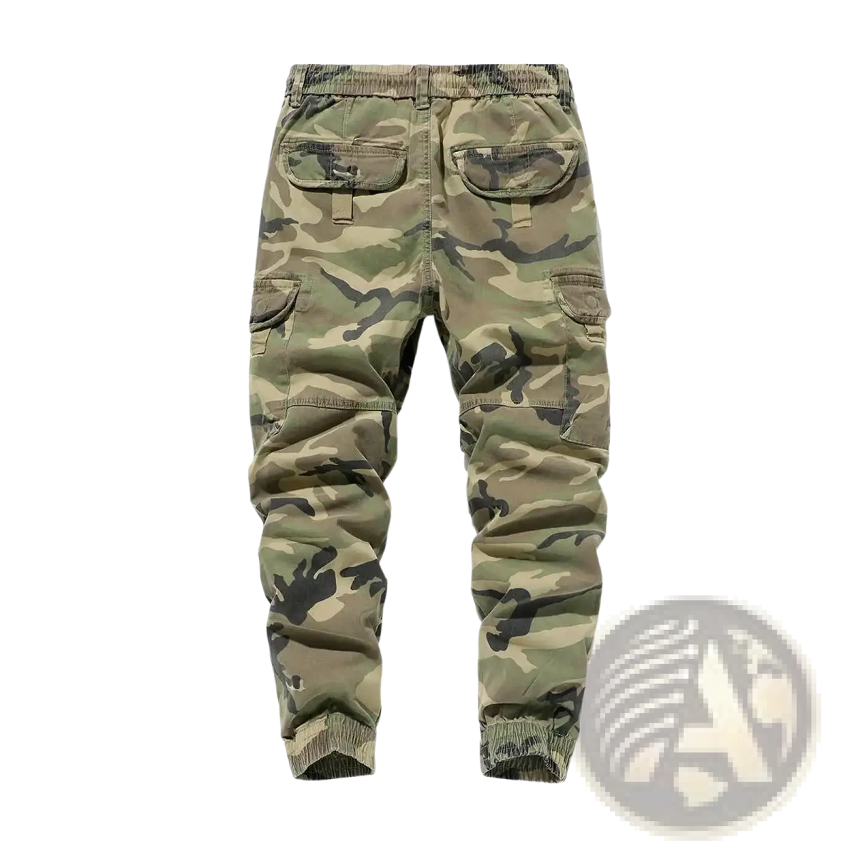 Camouflage cotton cargo joggers for men with multiple pockets elastic cuffs and a loose fit design