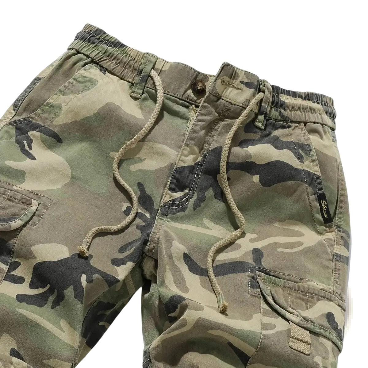 Camouflage cargo joggers men cotton loose fit pants in olive green black pattern shown from the back side