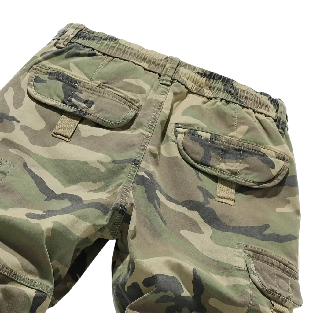 Camouflage cargo joggers men cotton loose fit pants in olive green brown and black tones with cargo pockets