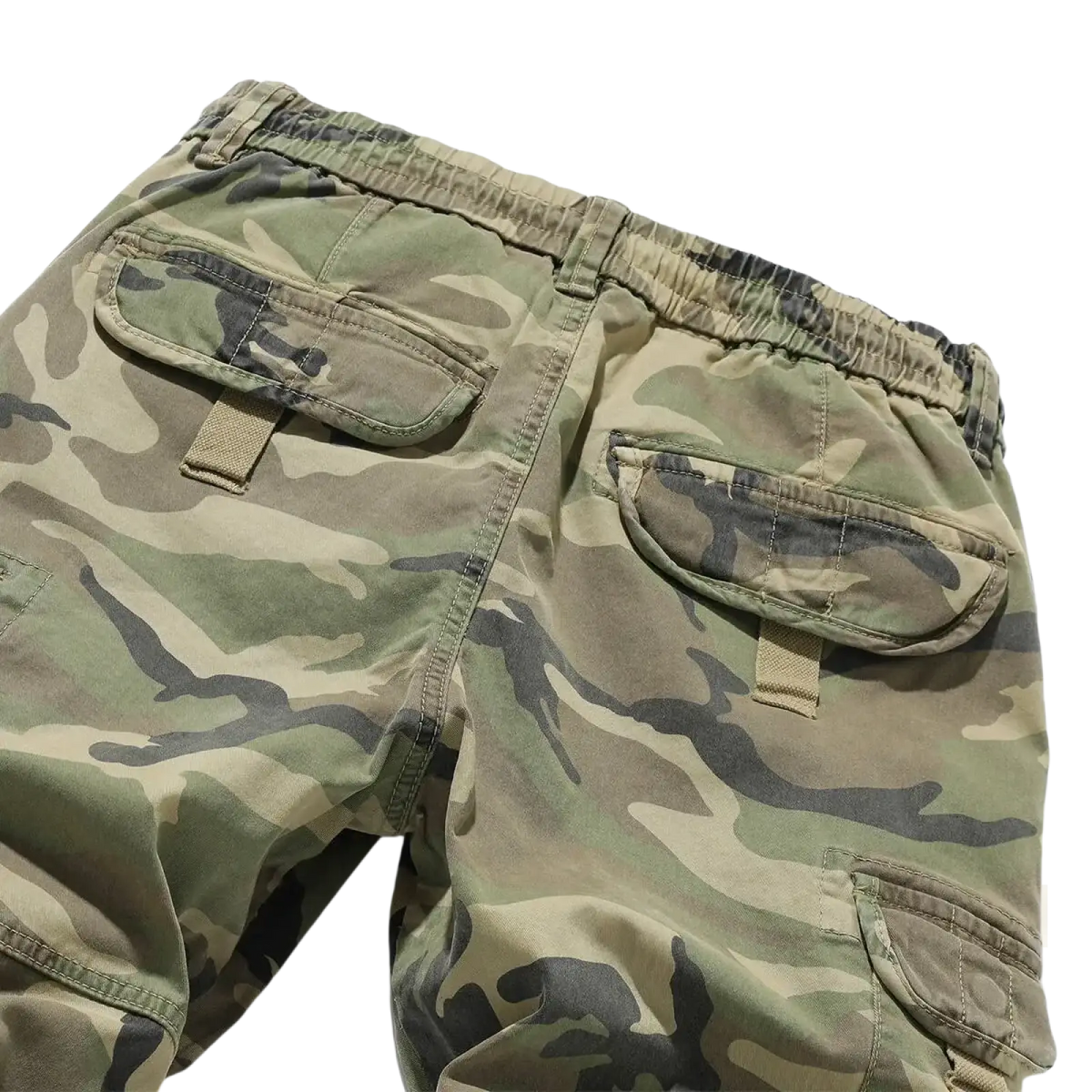 Camouflage cargo joggers men cotton loose fit pants in olive green brown and black tones with cargo pockets