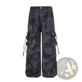 Black cargo pants with dark gray snake-scale camouflage pattern, multiple pockets, and adjustable side ties for tactical use