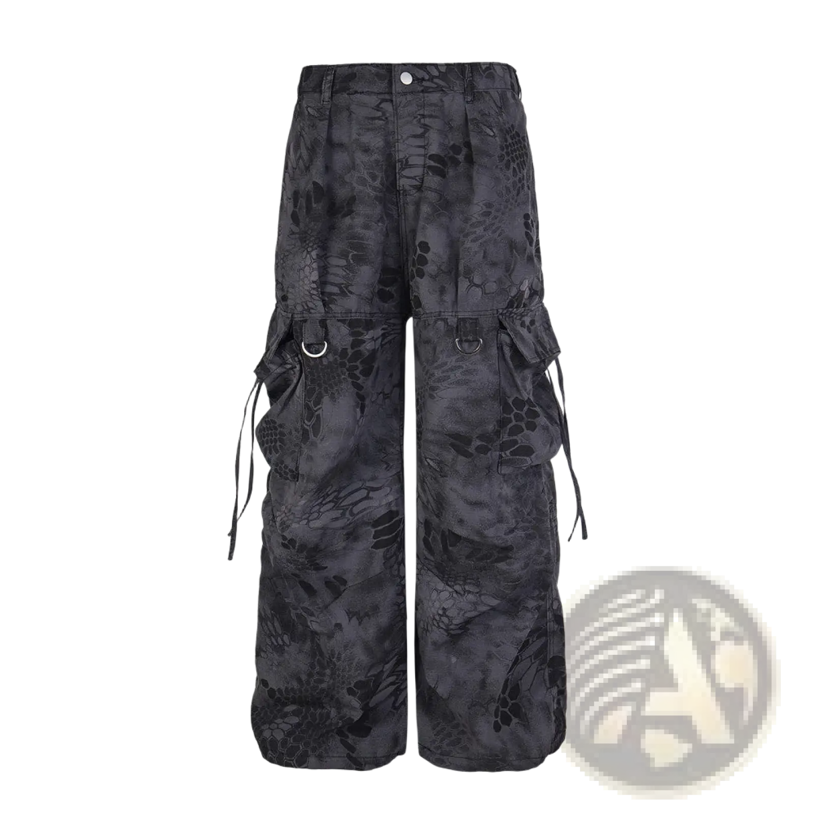 Black cargo pants with dark gray snake-scale camouflage pattern, multiple pockets, and adjustable side ties for tactical use