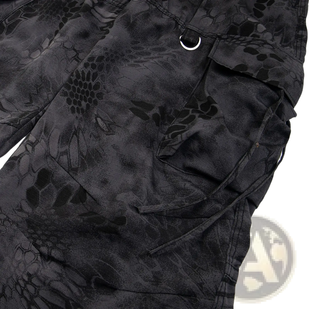 Black tactical cargo pants with wide leg design, subtle dark snake-scale camouflage, and reinforced stitching