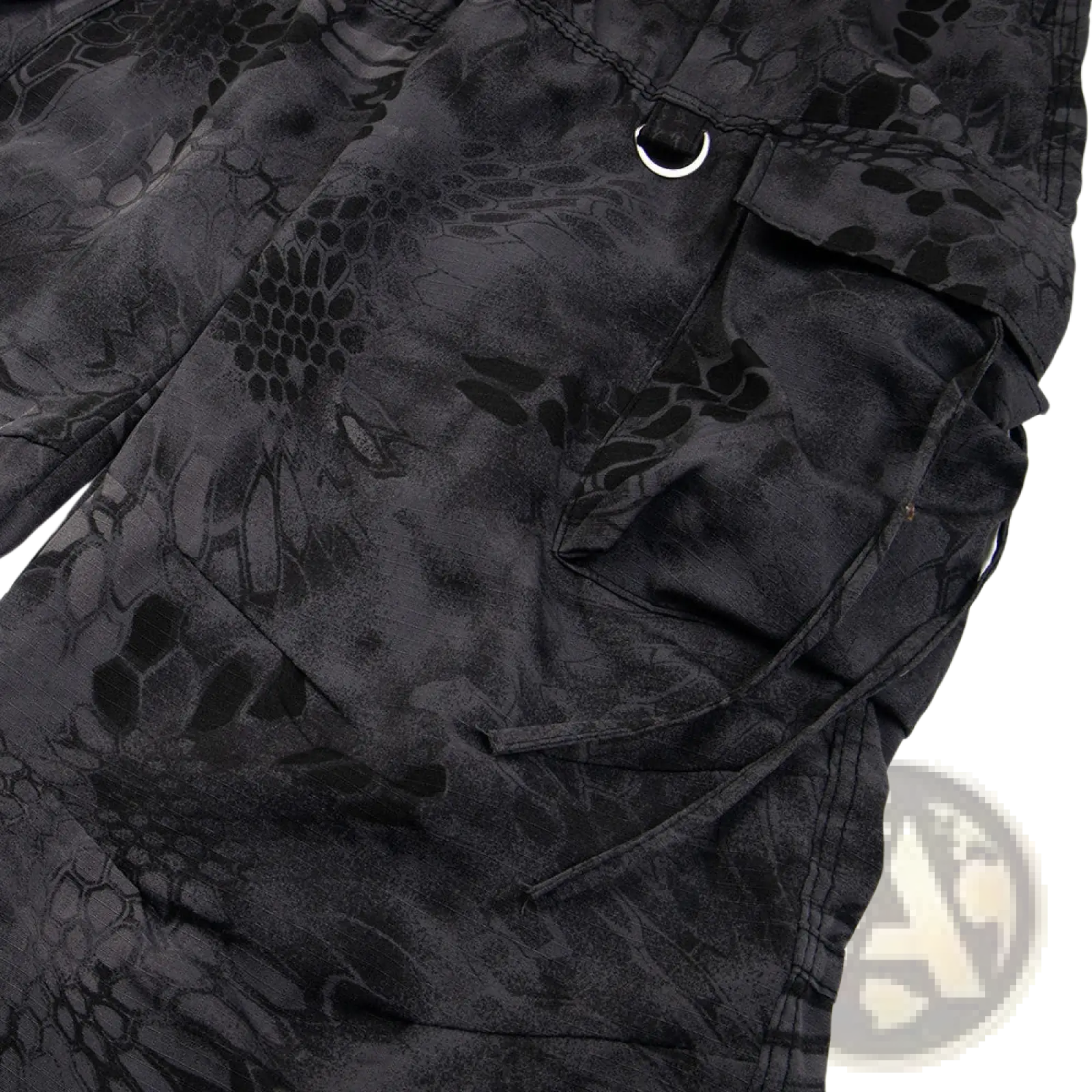 Black tactical cargo pants with wide leg design, subtle dark snake-scale camouflage, and reinforced stitching
