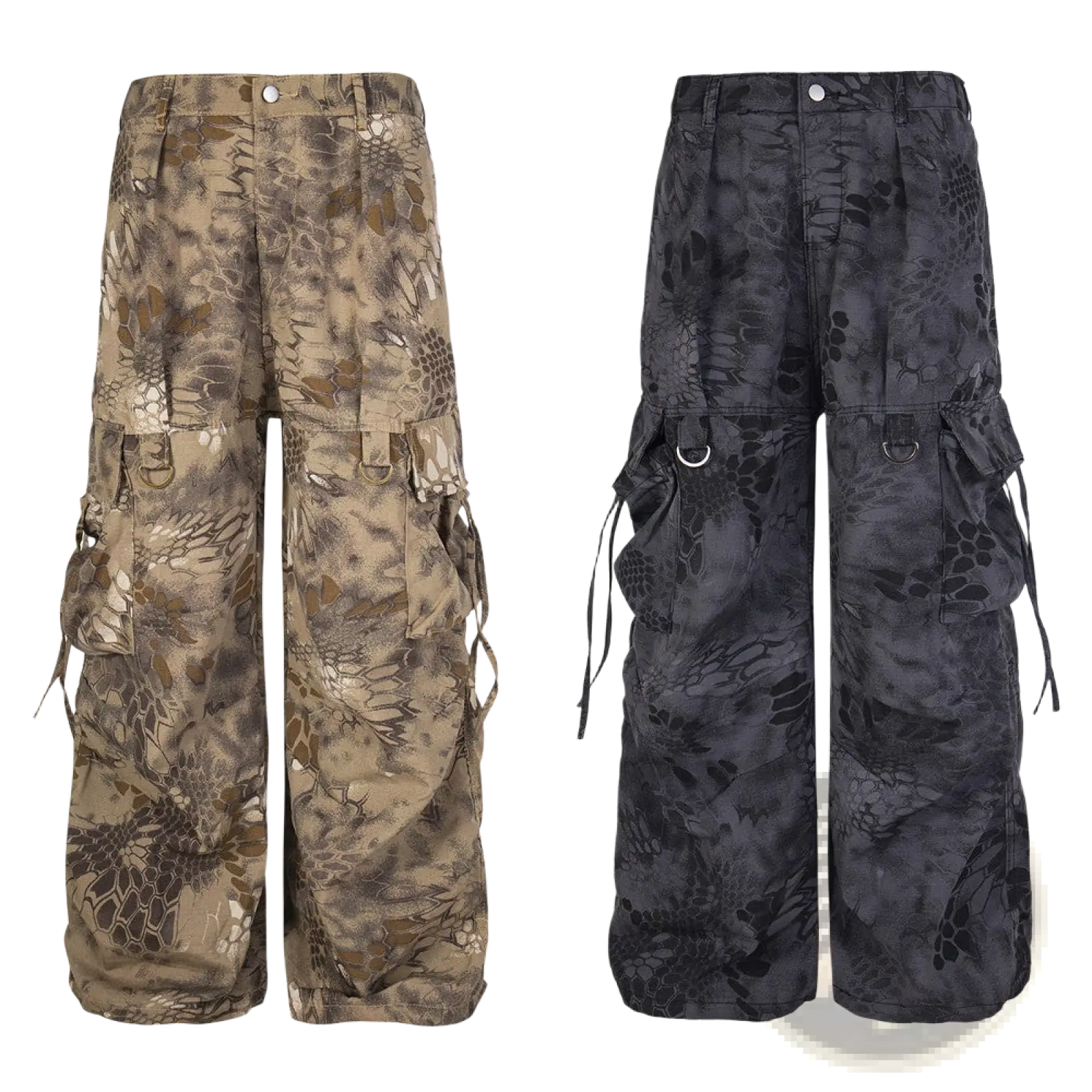 Camouflage cargo pants wide leg tactical trousers with multiple pockets and adjustable drawstrings in camouflage pattern