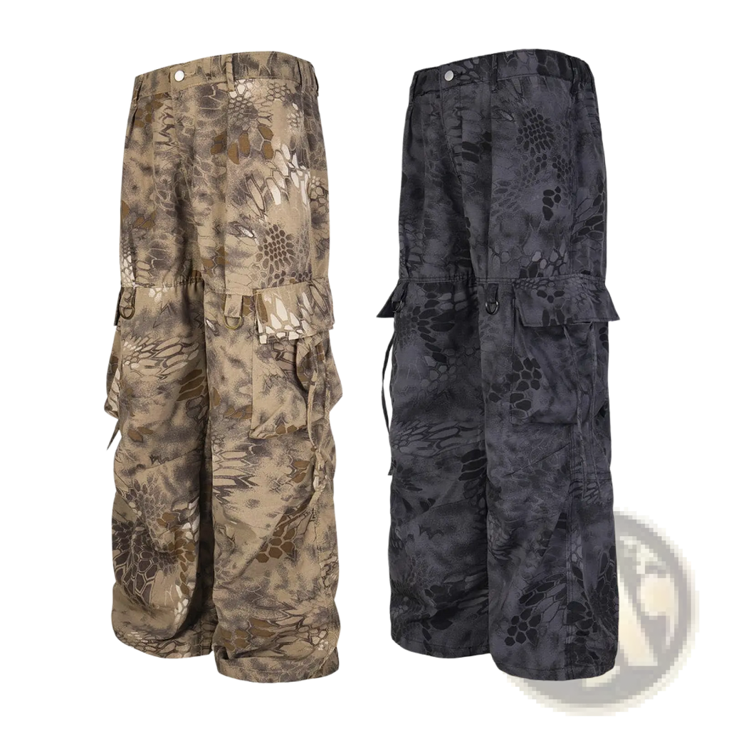 Camouflage cargo pants wide leg tactical trousers in tan and black with multiple pockets for functional use