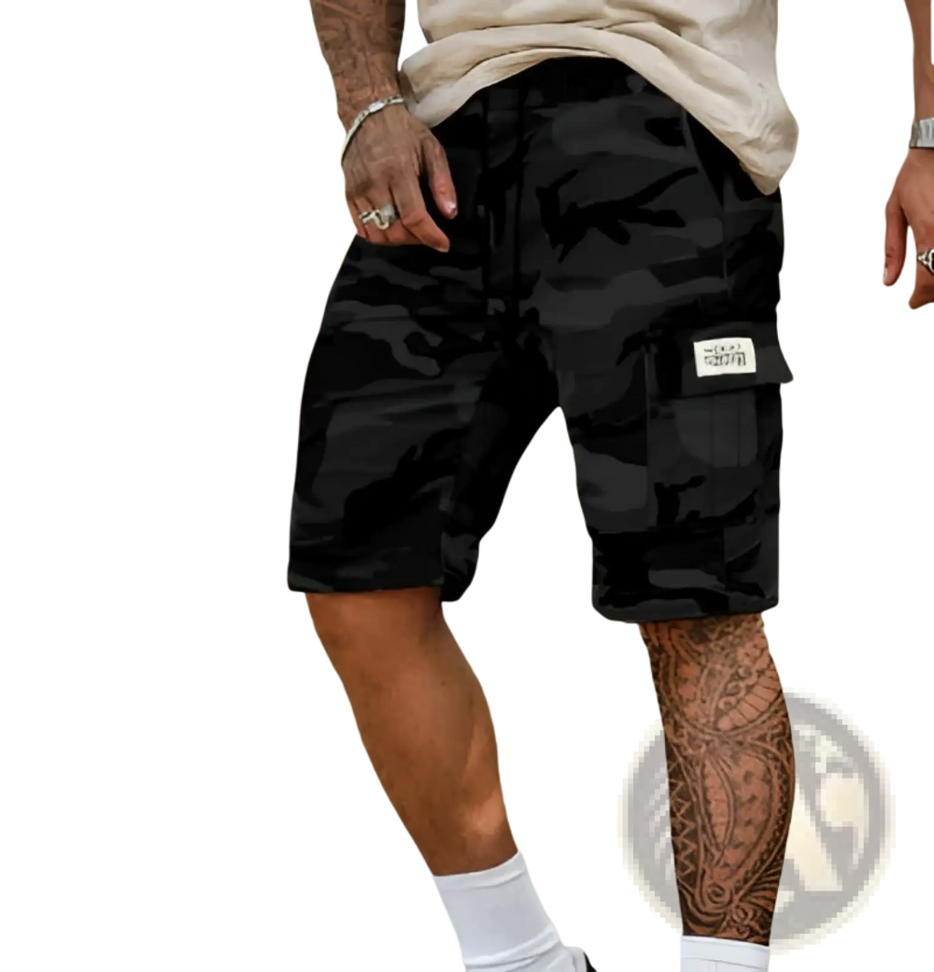 Black camouflage cargo shorts for men with loose fit and multi pocket featuring a white label on thigh pocket