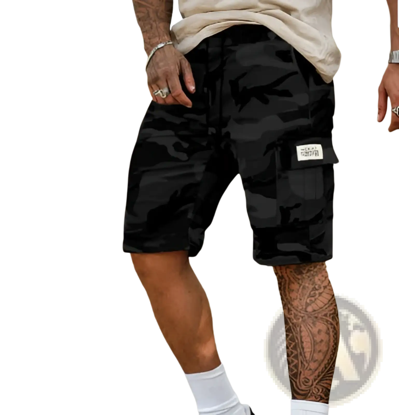 Black camouflage cargo shorts for men with loose fit and multi pocket featuring a white label on thigh pocket
