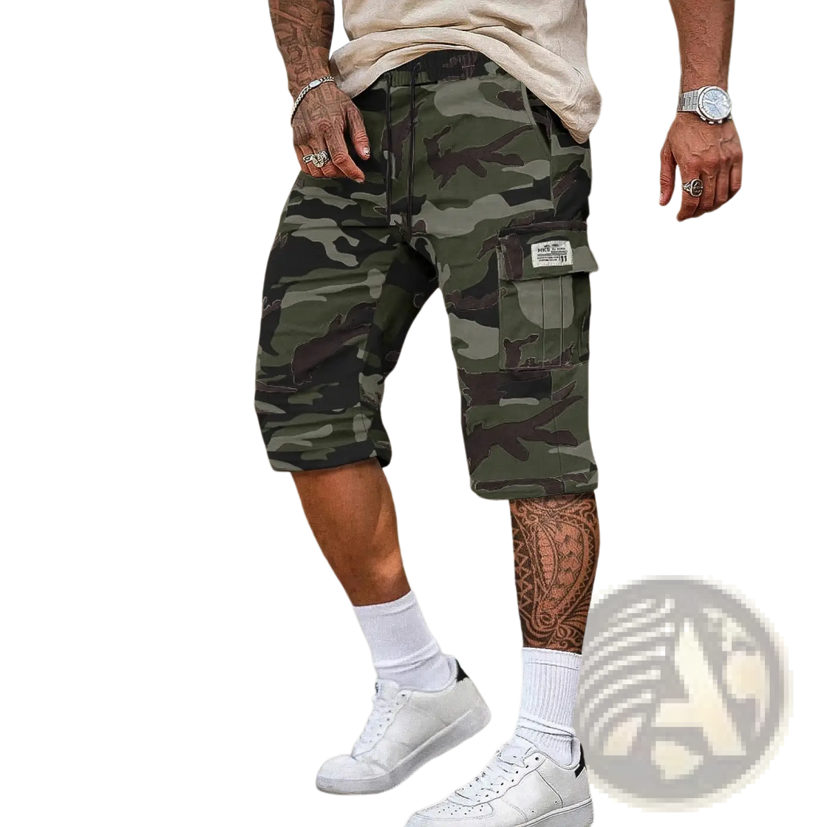 Men’s olive green camouflage cargo shorts loose fit with multiple pockets and branded patch on the thigh