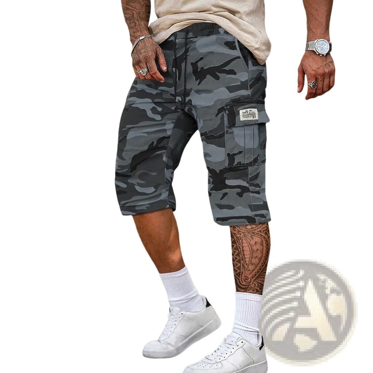 Gray camouflage cargo shorts for men with loose fit and multiple pockets featuring a branded patch on the thigh