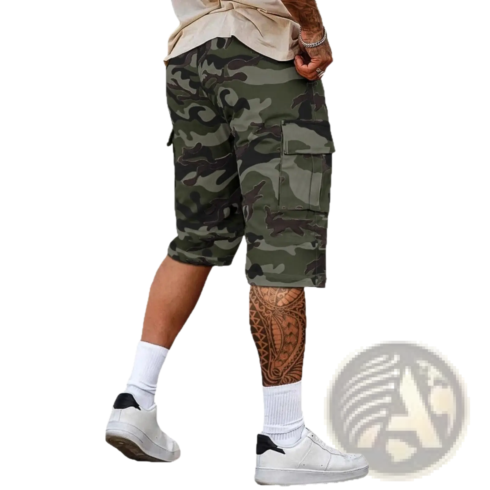 Green and black camouflage cargo shorts for men with loose fit and multiple pockets for outdoor use