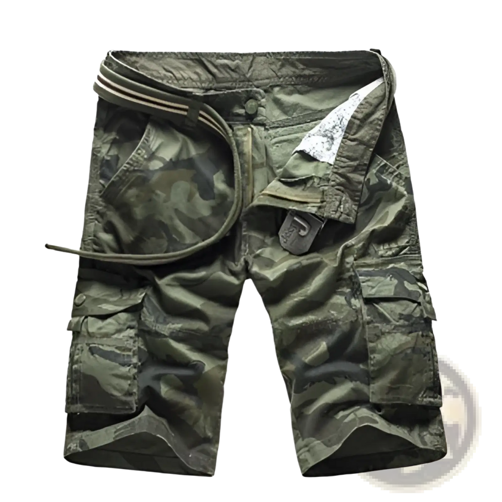 Olive green camouflage cargo shorts with multiple pockets and a belted waistband for men