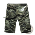 Olive green camouflage cargo shorts with multiple pockets and a belted waistband for men