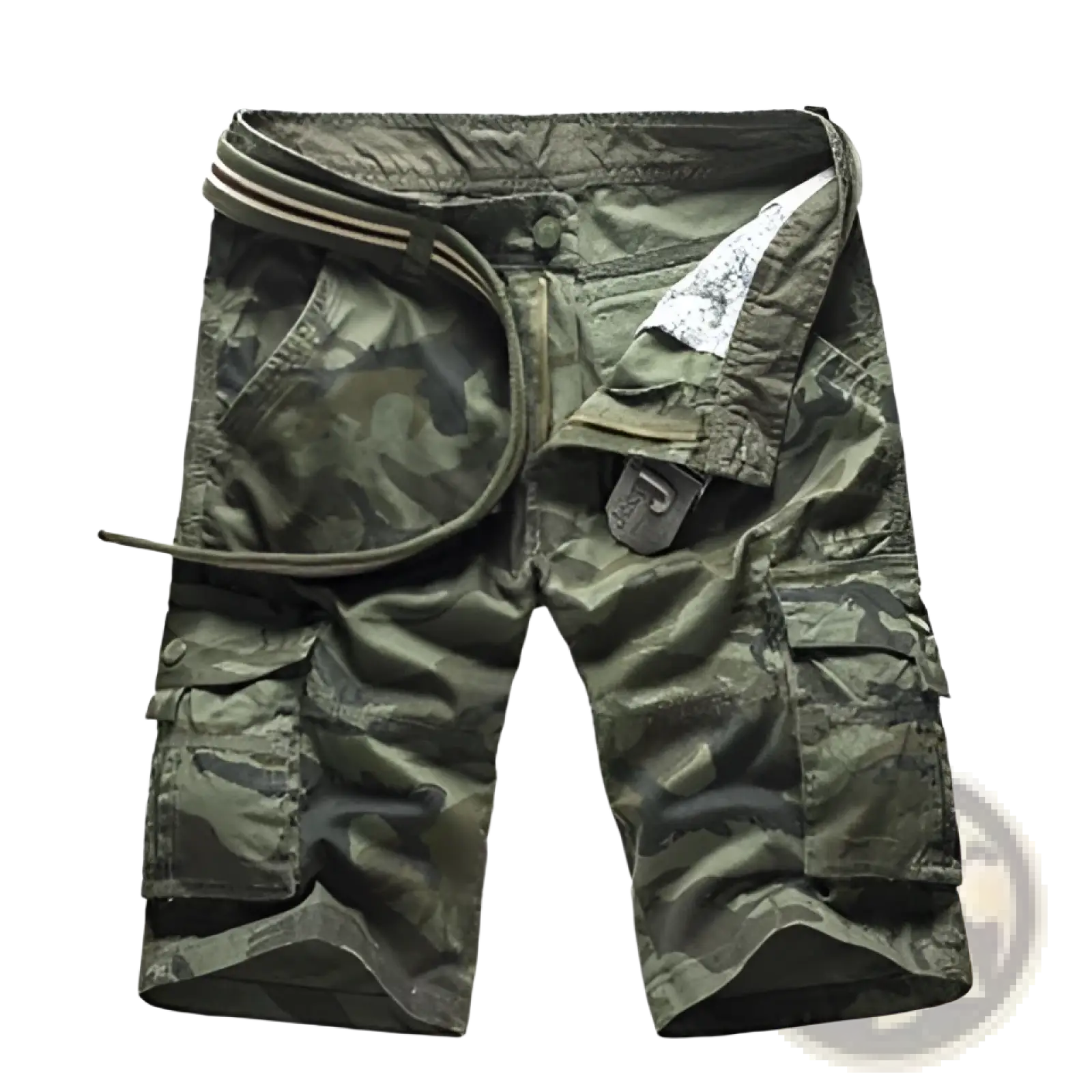 Olive green camouflage cargo shorts with multiple pockets and a belted waistband for men