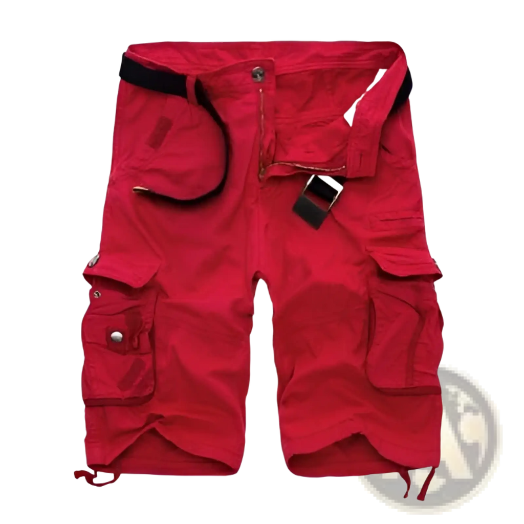 Red cargo shorts with multiple pockets and black belt loops designed for men featuring a belted camouflage style