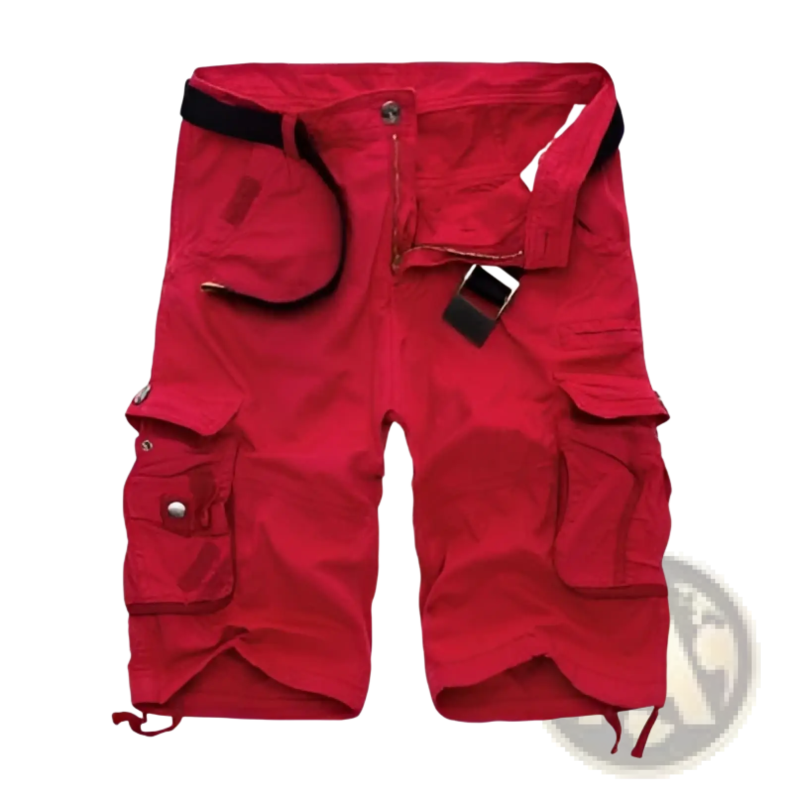 Red cargo shorts with multiple pockets and black belt loops designed for men featuring a belted camouflage style