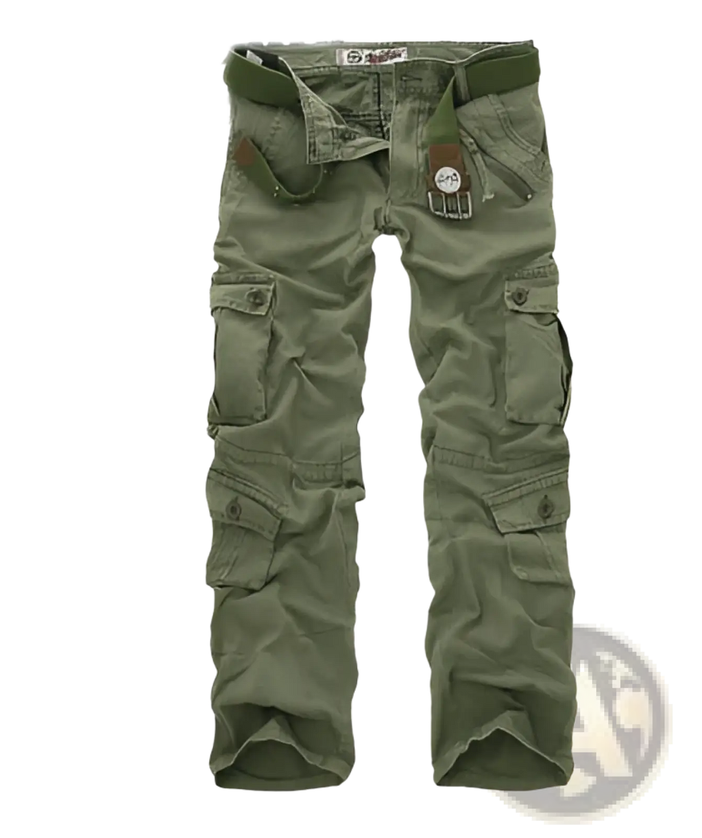 Olive green camouflage cargo trousers for men with multiple pockets and belt looped through waistband